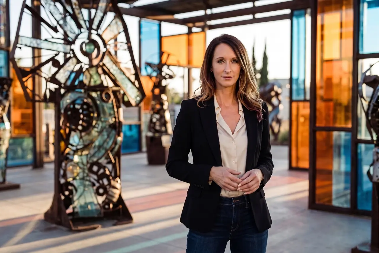 Ashley Shifflett in an architectural studio surrounded by large mechanical sculptures